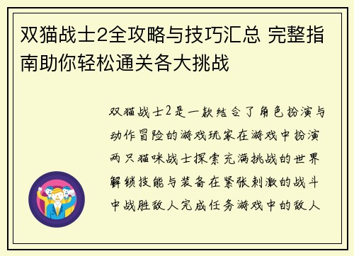 双猫战士2全攻略与技巧汇总 完整指南助你轻松通关各大挑战