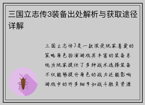 三国立志传3装备出处解析与获取途径详解